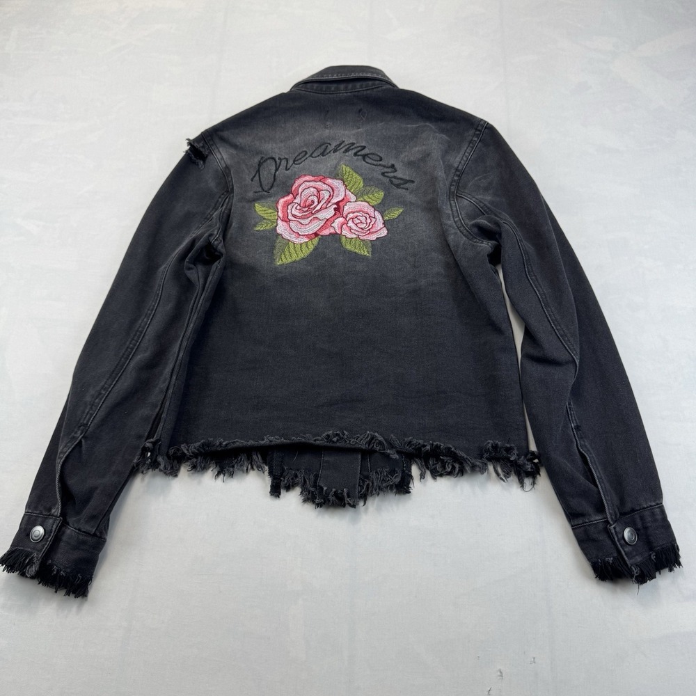 Love Tree Women's Small Black Distressed Denim Jacket Raw Frayed Hem